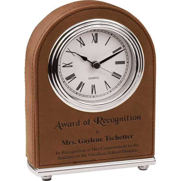 Picture of 5 1/2" Dark Brown Laserable Leatherette Arch Desk Clock