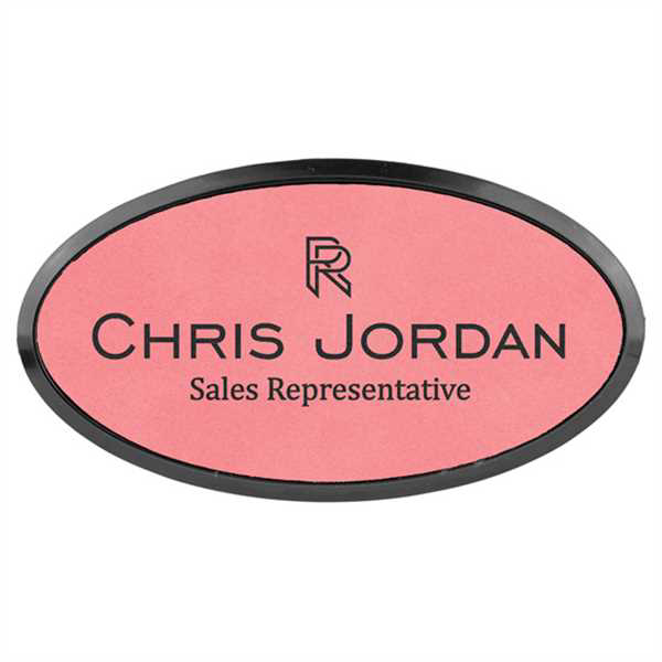 Picture of 3" x 1 1/2" Pink Laserable Leatherette Oval Badge & Frame