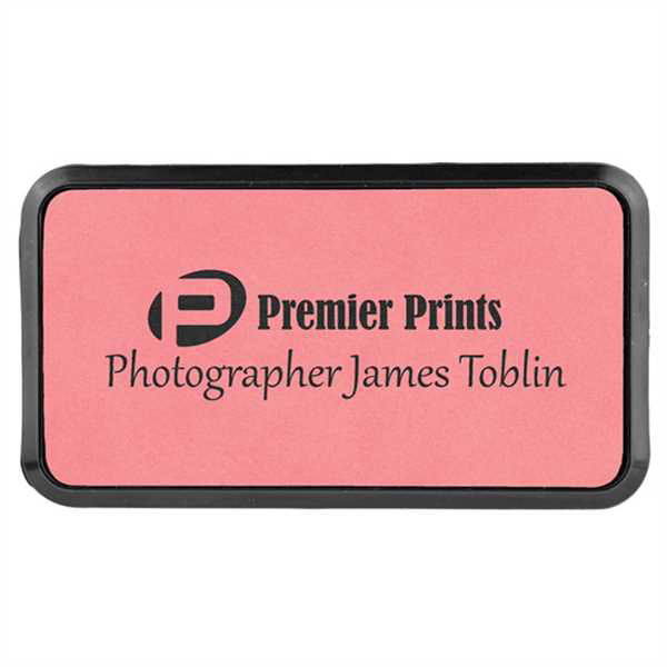Picture of 3" x 1 1/2" Pink Laserable Leatherette Round Corner Badge & Frame