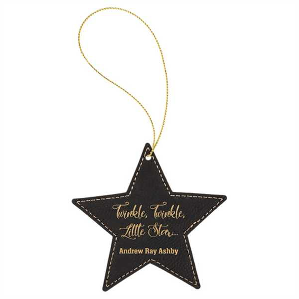 Picture of Black & Gold Laserable Leatherette Star Ornament with Gold String