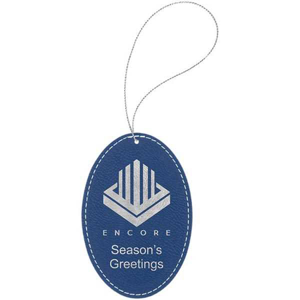 Picture of Blue & Silver Laserable Leatherette Oval Ornament with Silver String
