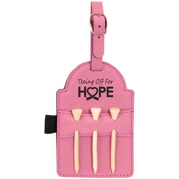 Picture of 5" x 3 1/4" Pink Laserable Leatherette Golf Bag Tag with 3 Wooden Tees