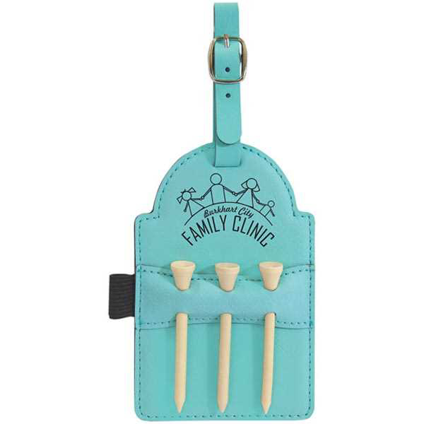 Picture of 5" x 3 1/4" Teal Laserable Leatherette Golf Bag Tag with 3 Wooden Tees