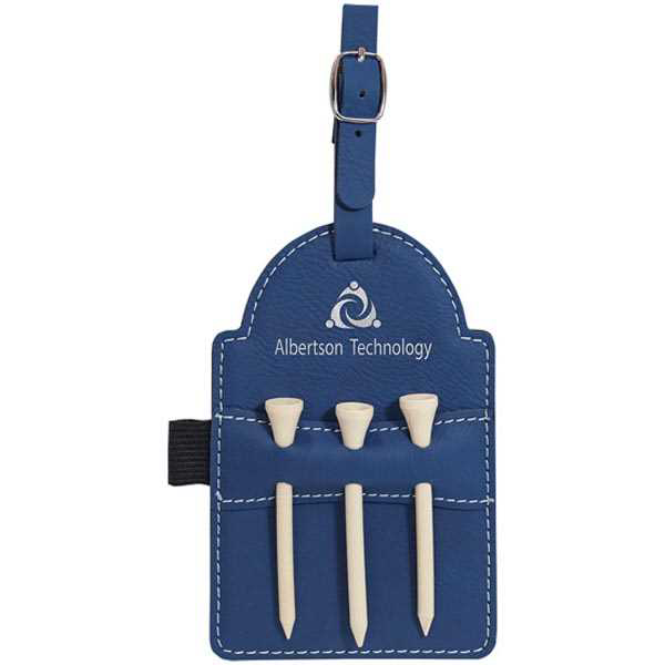 Picture of 5" x 3 1/4" Blue/Silver Laserable Leatherette Golf Bag Tag with 3 Wooden Tees