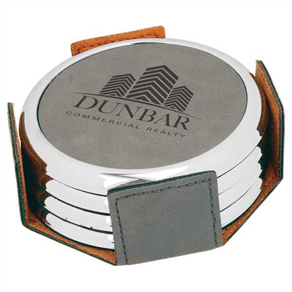 Picture of 3 5/8" Round Gray Laserable Leatherette 4-Coaster Set w/Silver Edge