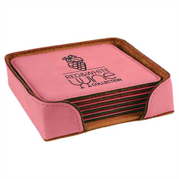 Picture of 4" x 4" Pink Square Laserable Leatherette 6-Coaster Set