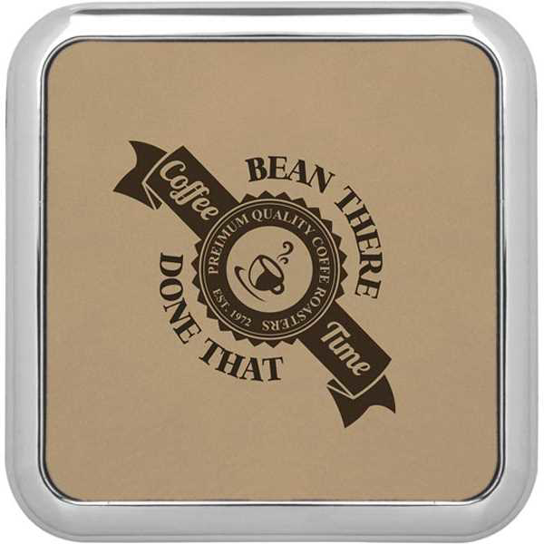 Picture of 3 5/8" x 3 5/8" Square Light Brown Laserable Leatherette Coaster w/Silver Edge