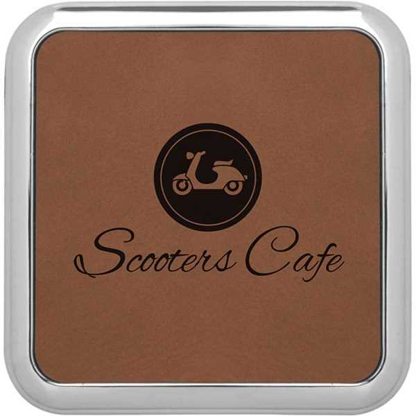 Picture of 3 5/8" x 3 5/8" Square Dark Browh Laserable Leatherette Coaster w/Silver Edge
