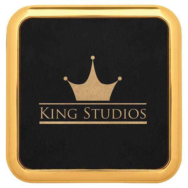 Picture of 3 5/8" x 3 5/8" Square Black/Gold Laserable Leatherette Coaster w/Gold Edge