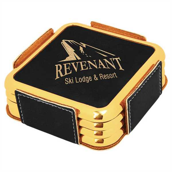 Picture of 3 5/8" x 3 5/8" Black/Gold w/Gold Edge Square Laserable Leatherette Coaster Set
