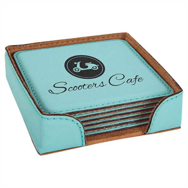 Picture of 4" x 4" Teal Square Laserable Leatherette 6-Coaster Set