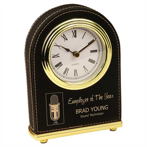 Picture of 5 1/2" Black/Gold Laserable Leatherette Arch Desk Clock