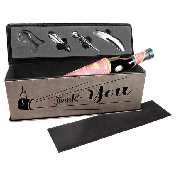Picture of Gray Laserable Leatherette Single Wine Box with Tools