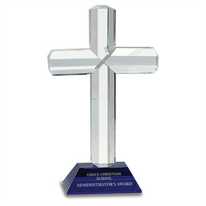 Picture of 8 1/2" Crystal Cross on Blue Pedestal Base