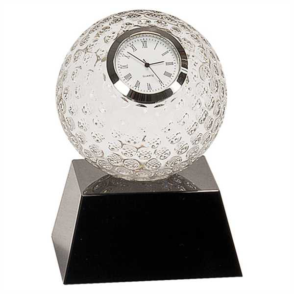 Picture of 5" Clear Crystal Golf Ball Clock with Black Pedestal Base
