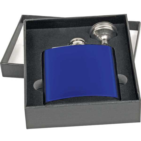 Picture of 6 oz. Gloss Blue Flask Set in Black Presentation Box