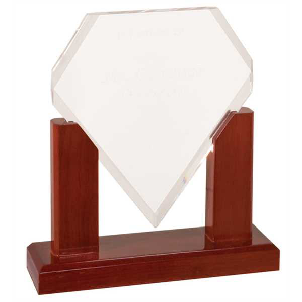 Picture of 7 inch Clear High Gloss Acrylic Diamond with Mahogany Finish Wood Base