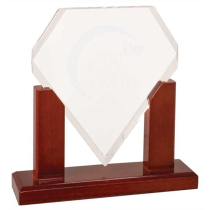 Picture of 8 inch Clear High Gloss Acrylic Diamond with Mahogany Finish Wood Base