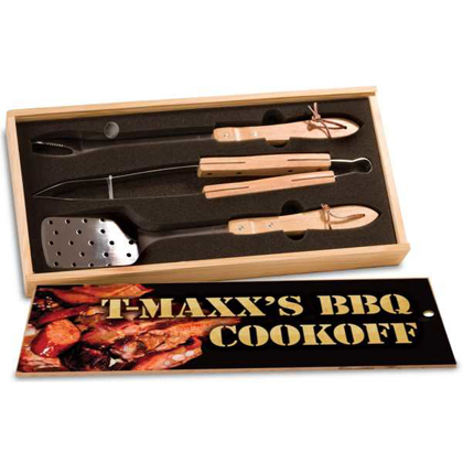 Picture of 3-Piece BBQ Set in Wooden Pine Box with Sublimatable Lid