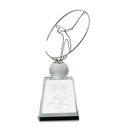 Picture of 11" Clear/Black Crystal Golf Award with Silver Metal Oval Figure