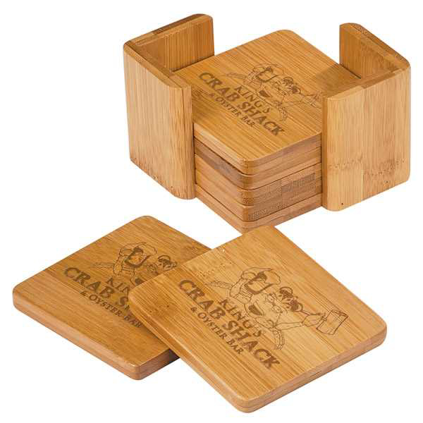 Picture of 3 3/4" x 3 3/4" Bamboo Square 6-Coaster Set with Holder