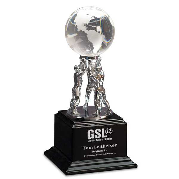 Picture of 10" Clear Crystal Globe with Silver Men/Stand on Black Piano Finish Base