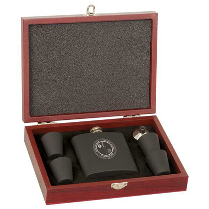 Picture of 6 oz. Matte Black Laserable Stainless Steel Flask Set in Wood Presentation Box