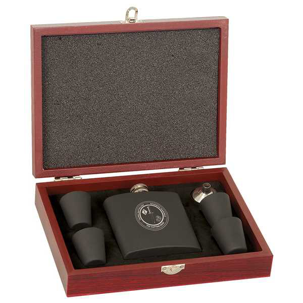 Picture of 6 oz. Matte Black Laserable Stainless Steel Flask Set in Wood Presentation Box
