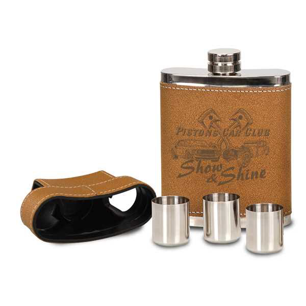 Picture of 7 oz. Leather Flask with Lid & 3 Shot Glasses