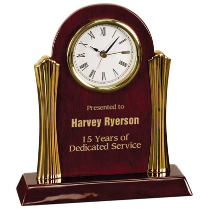 Picture of 8 1/4" x 7 1/2" Rosewood Piano Finish Clock with Gold Columns