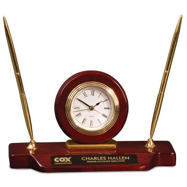 Picture of 9" x 4 3/4" Piano Finish Desk Clock on Base with 2 Pens