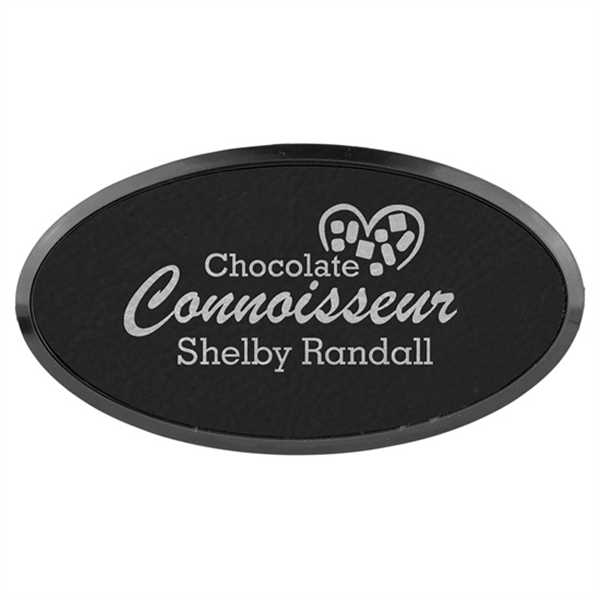 Picture of 3" x 1 1/2" Black/Silver Laserable Leatherette Oval Badge & Frame