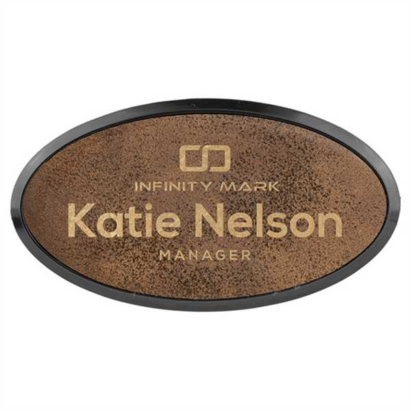 Picture of 3" x 1 1/2" Rustic/Gold Laserable Leatherette Oval Badge & Frame