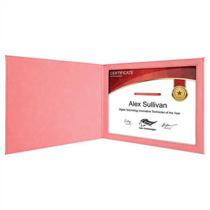 Picture of 9" x 12" Pink Laserable Leatherette Certificate Holder for 8 1/2" x 11"