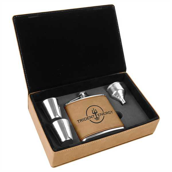 Picture of 6 oz. Light Brown Laserable Leatherette Flask Gift Set