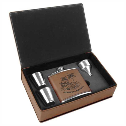 Picture of 6 oz. Dark Brown Laserable Leatherette Flask Gift Set