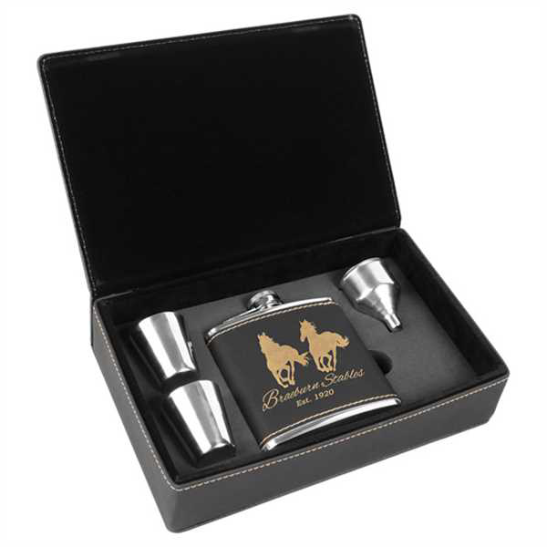 Picture of 6 oz. Black/Gold Laserable Leatherette Flask Gift Set