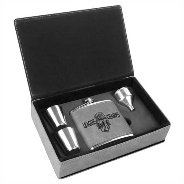 Picture of 6 oz. Gray Laserable Leatherette Flask Gift Set