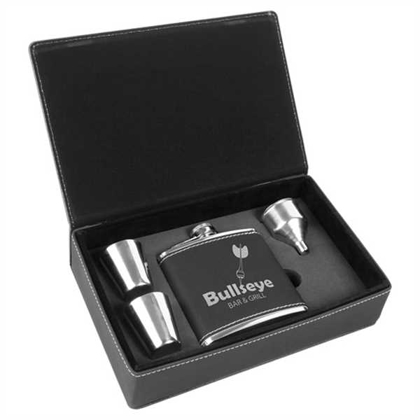 Picture of 6 oz. Black/Silver Laserable Leatherette Flask Gift Set