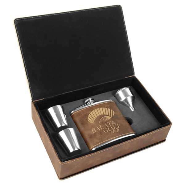 Picture of 6 oz. Rustic/Gold Laserable Leatherette Flask Gift Set