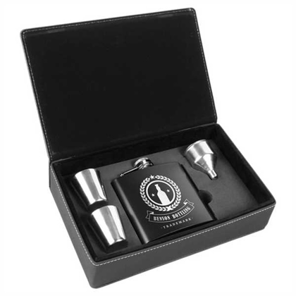 Picture of 6 oz. Black Stainless Steel Flask Set in Black/Silver Laserable Leatherette Box