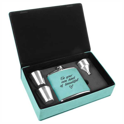 Picture of 6 oz. Teal Laserable Leatherette Flask Gift Set