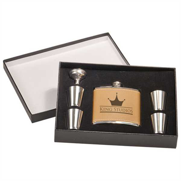 Picture of 6 oz. Leather Flask Set in Black Presentation Box