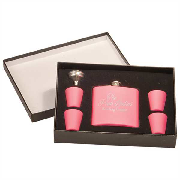 Picture of 6 oz. Matte Pink Flask Set in Black Presentation Box