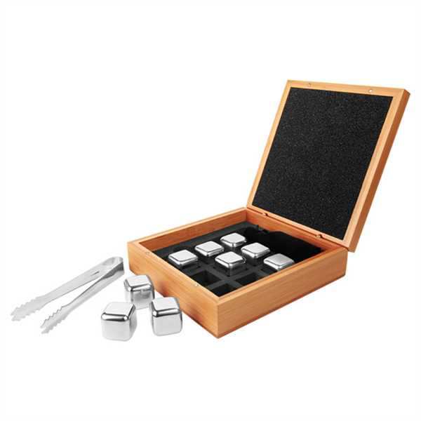 Picture of 6 1/4" x 6 3/4" Stainless Steel Whiskey Stone Set in Bamboo Case