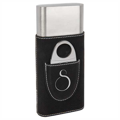 Picture of Black/Silver Laserable Leatherette Cigar Case with Cutter