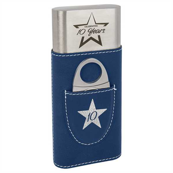 Picture of Blue/Silver Laserable Leatherette Cigar Case with Cutter