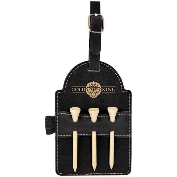 Picture of 5" x 3 1/4" Black/Gold  Laserable Leatherette Golf Bag Tag with 3 Wooden Tees