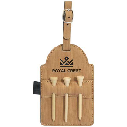 Picture of 5" x 3 1/4" Bamboo Laserable Leatherette Golf Bag Tag with 3 Wooden Tees