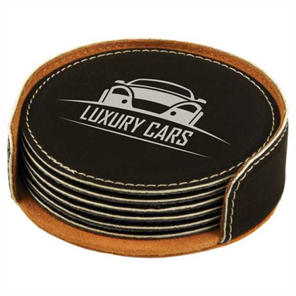 Picture of 4" Black/Silver Round Laserable Leatherette 6-Coaster Set